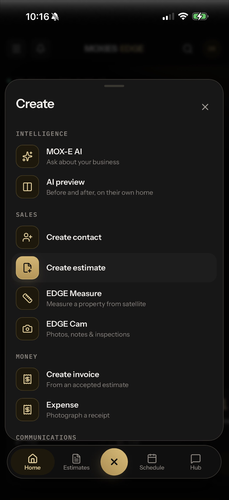 App create menu — AI, estimates, measurement, invoicing