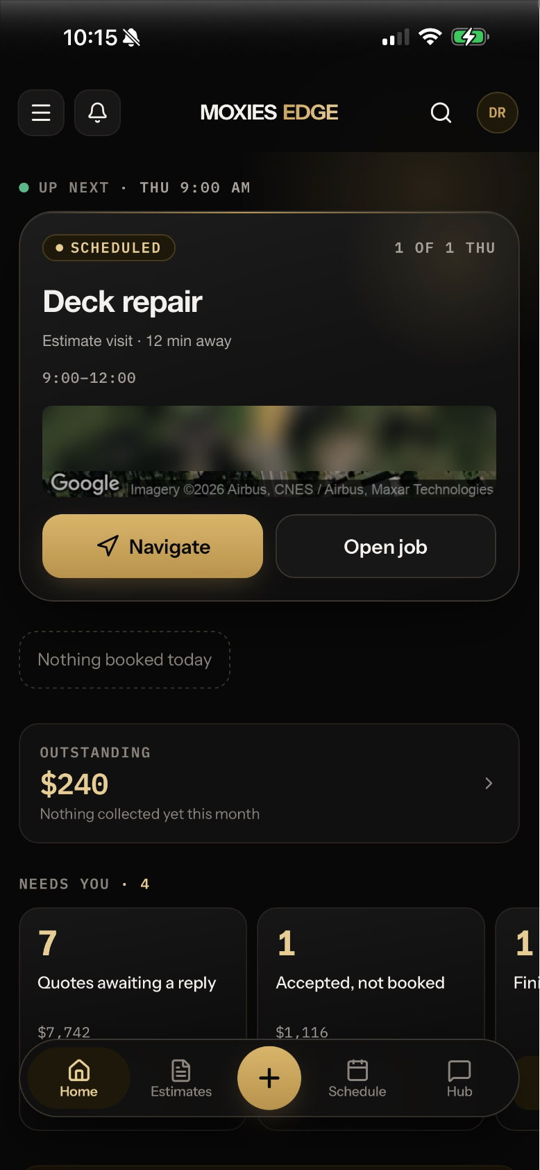 Field service app — next job, balance, tasks