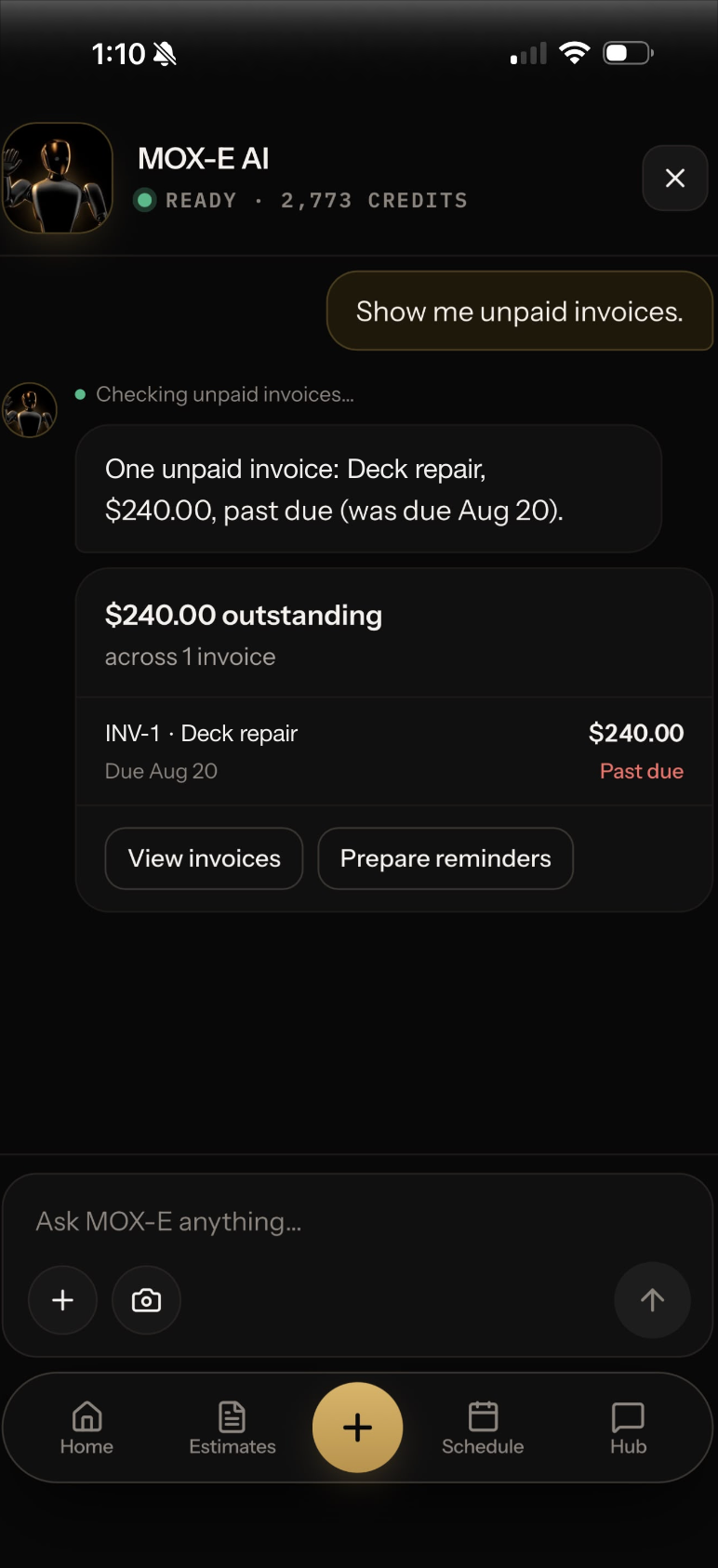 MOX-E AI reply — unpaid invoices, outstanding balance and reminder actions