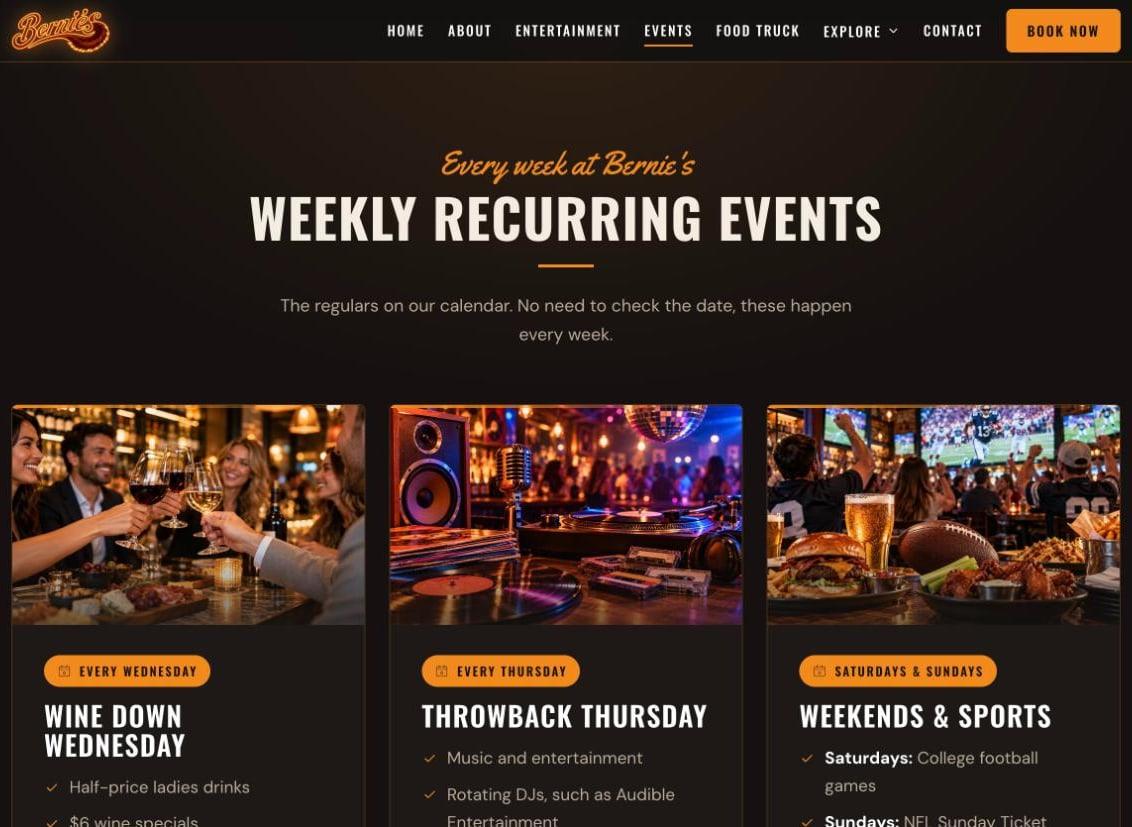 Events page — three weekly recurring nights, each with its own specials