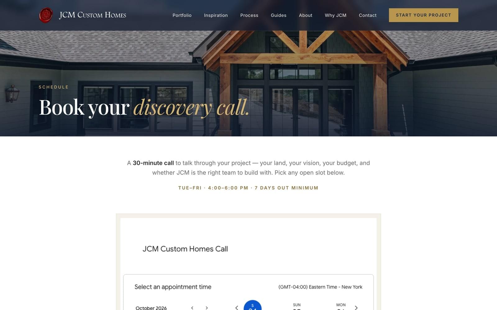 Discovery call booking page — 30-minute call, booking hours and appointment calendar