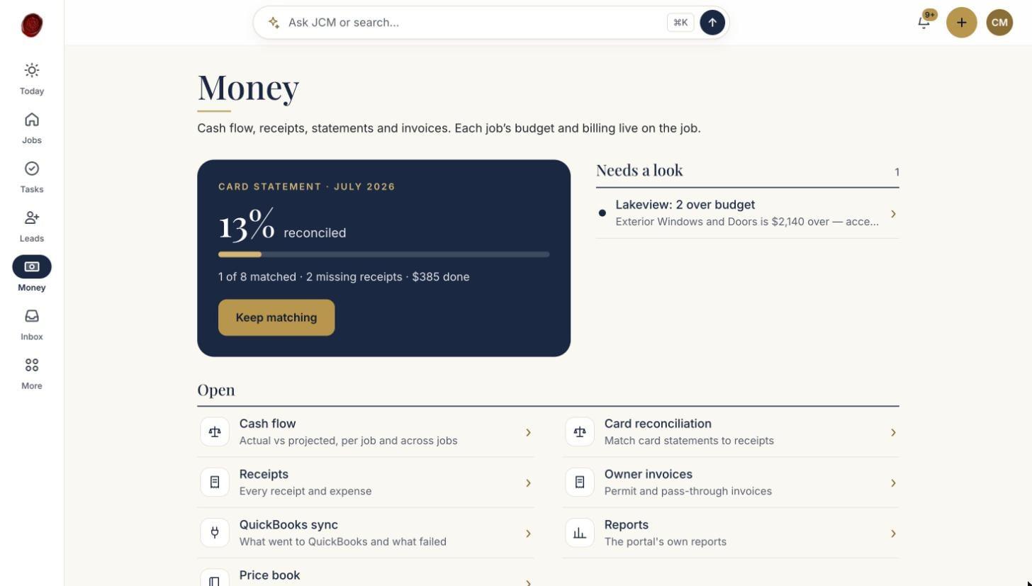 Money hub — card statement reconciliation, over-budget alert, cash flow, receipts and QuickBooks sync