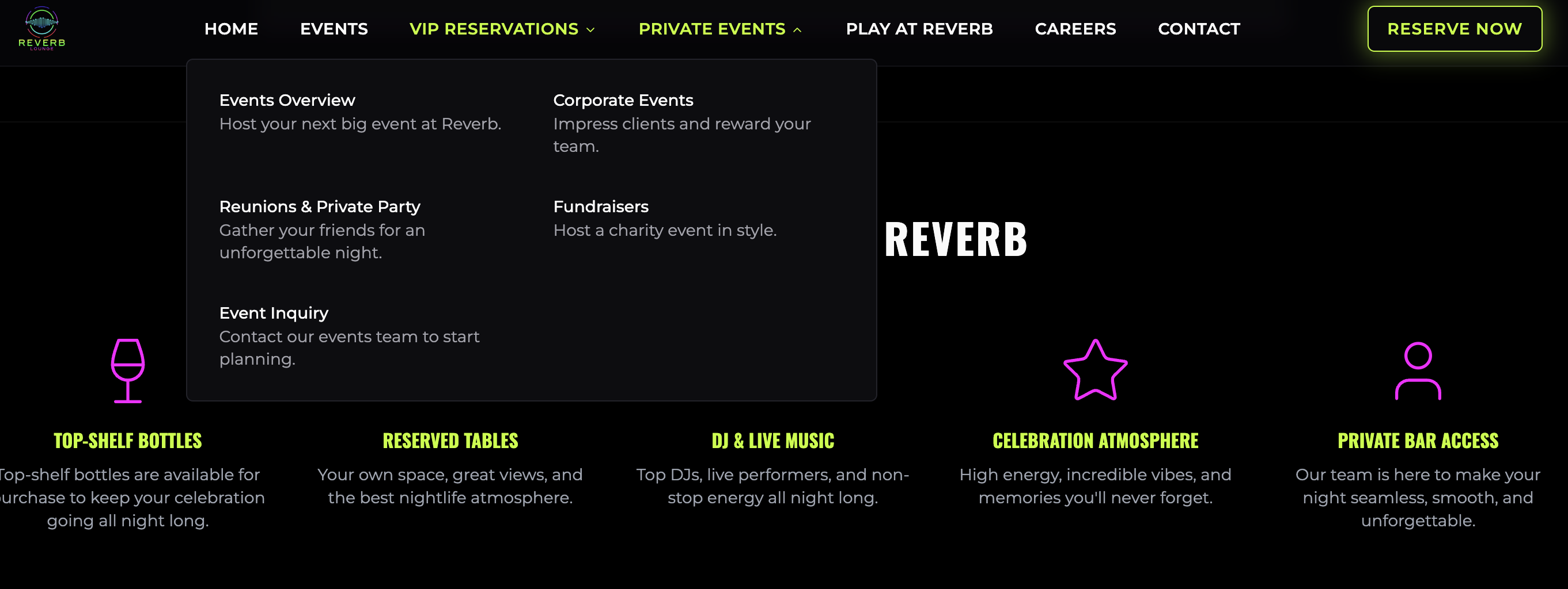 Navigation and private events menu