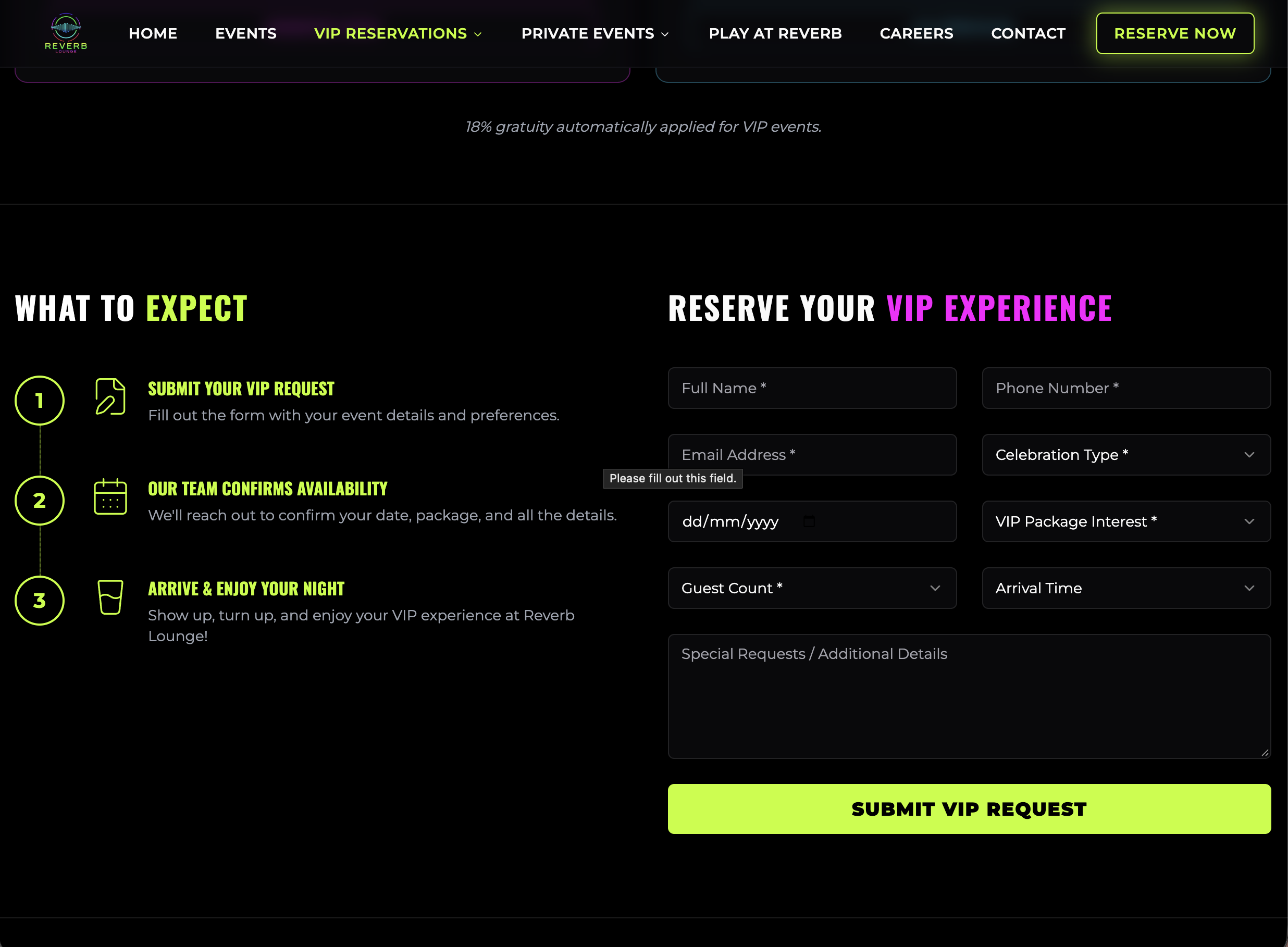 VIP reservation flow and booking form