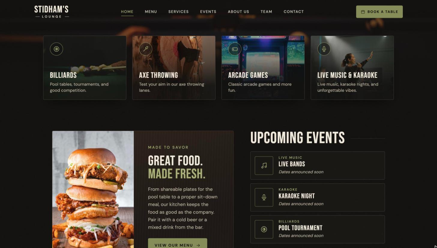 Entertainment cards, food menu and upcoming events